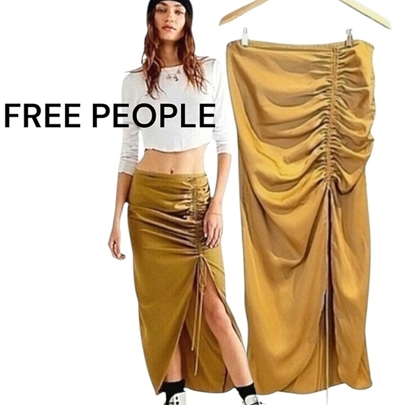 Free People Dresses & Skirts - FREE PEOPLE CERINE  GREEN RUNCHED MIDI SKIRT SIZE 12, New